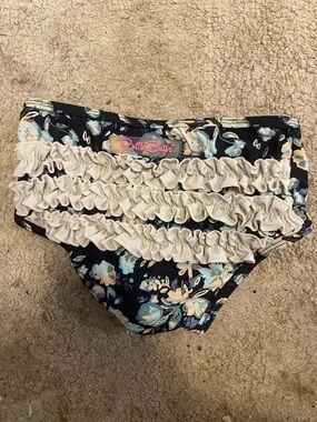 Ruffle Butts Black Bikini Bottoms with Cream Ruffle & Floral Accents